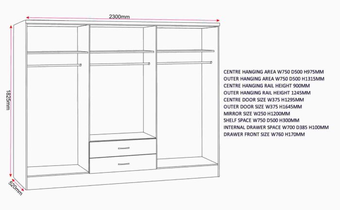 Nevada 6 Door 2 Drawer Wardrobe - 3D Effect Grey