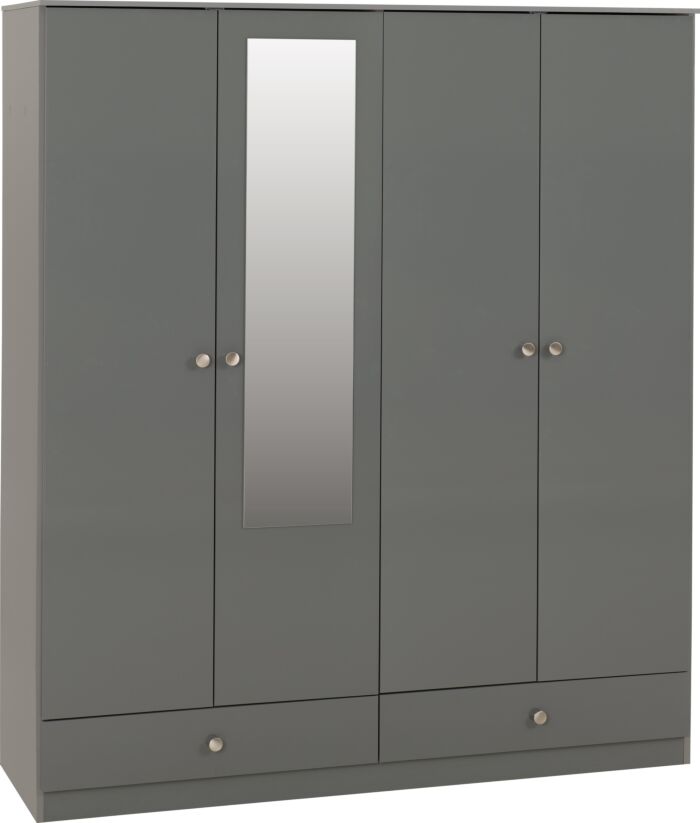 Denver 4 Door 2 Drawer Mirrored Wardrobe - Grey Gloss