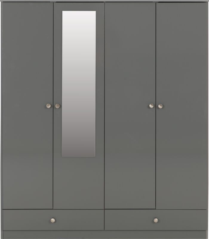 Denver 4 Door 2 Drawer Mirrored Wardrobe - Grey Gloss