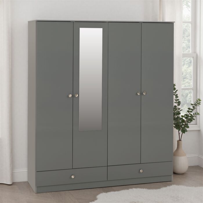 Denver 4 Door 2 Drawer Mirrored Wardrobe - Grey Gloss