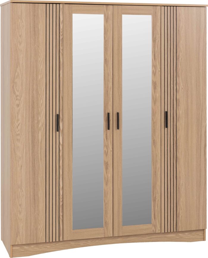 Tessa 4 Door Mirrored Wardrobe - Natural Oak Effect