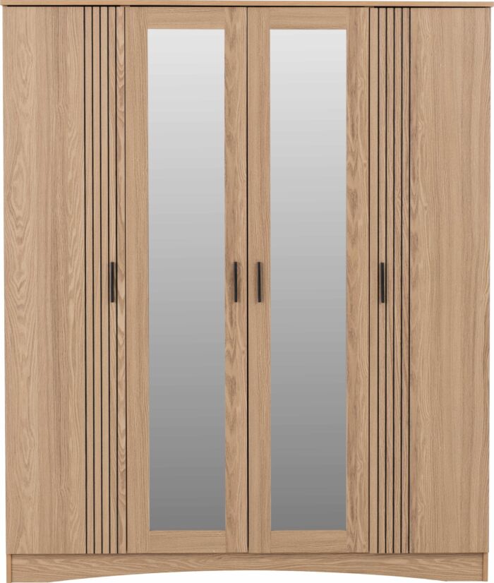 Tessa 4 Door Mirrored Wardrobe - Natural Oak Effect