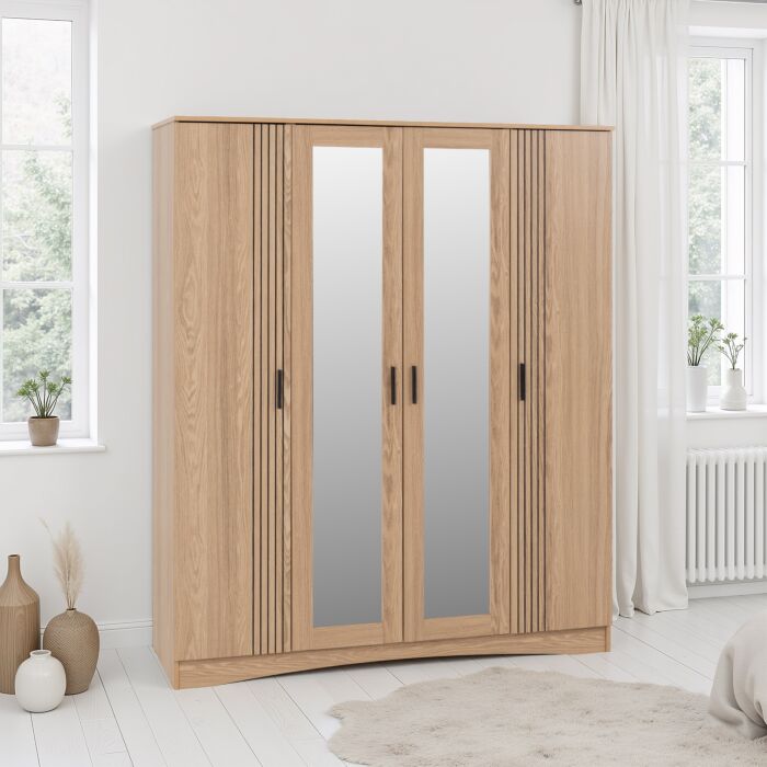 Tessa 4 Door Mirrored Wardrobe - Natural Oak Effect