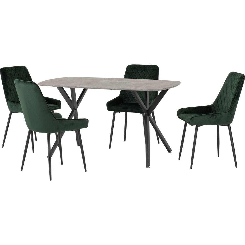 Athens Rect & Avery Dining Set X4 Chairs - Concrete/Emerald Green Velvet