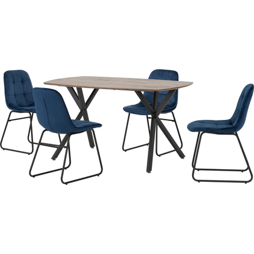 Athens Rect & Lukas Dining Set X4 Chairs - Medium Oak Effect/Sapphire Blue Velvet