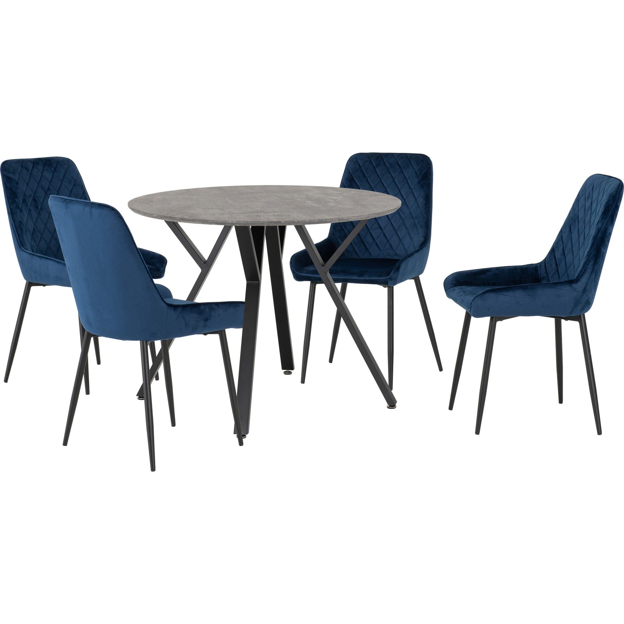 Athens Round & Avery Dining Set X4 Chairs - Concrete/Sapphire Blue Velvet
