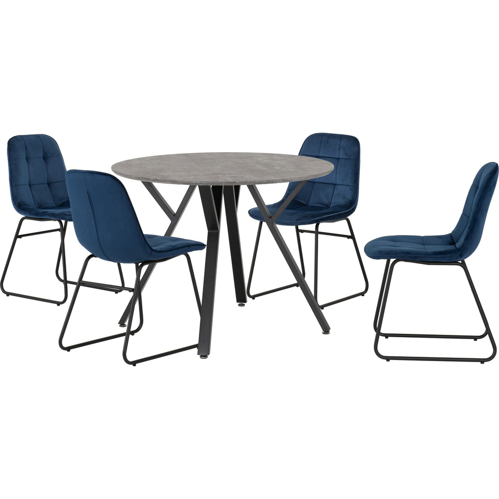 Athens Round & Lukas Dining Set X4 Chairs - Concrete/Sapphire Blue Velvet