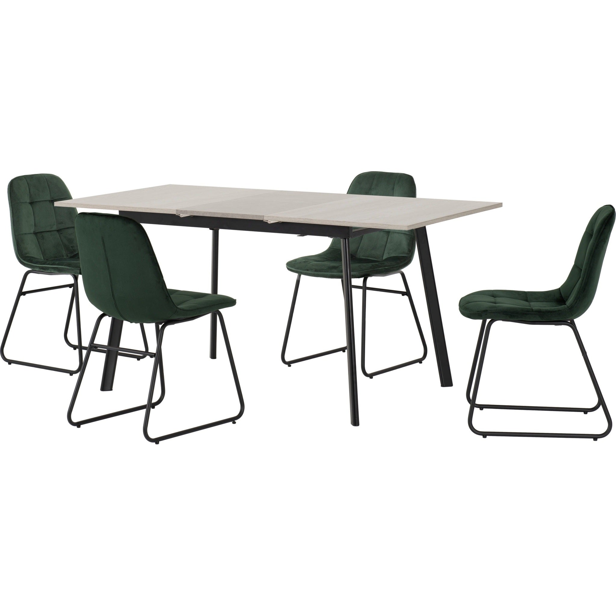 Avery & Lukas Extending Dining Set X4 Chairs - Concrete/Emerald Green Velvet