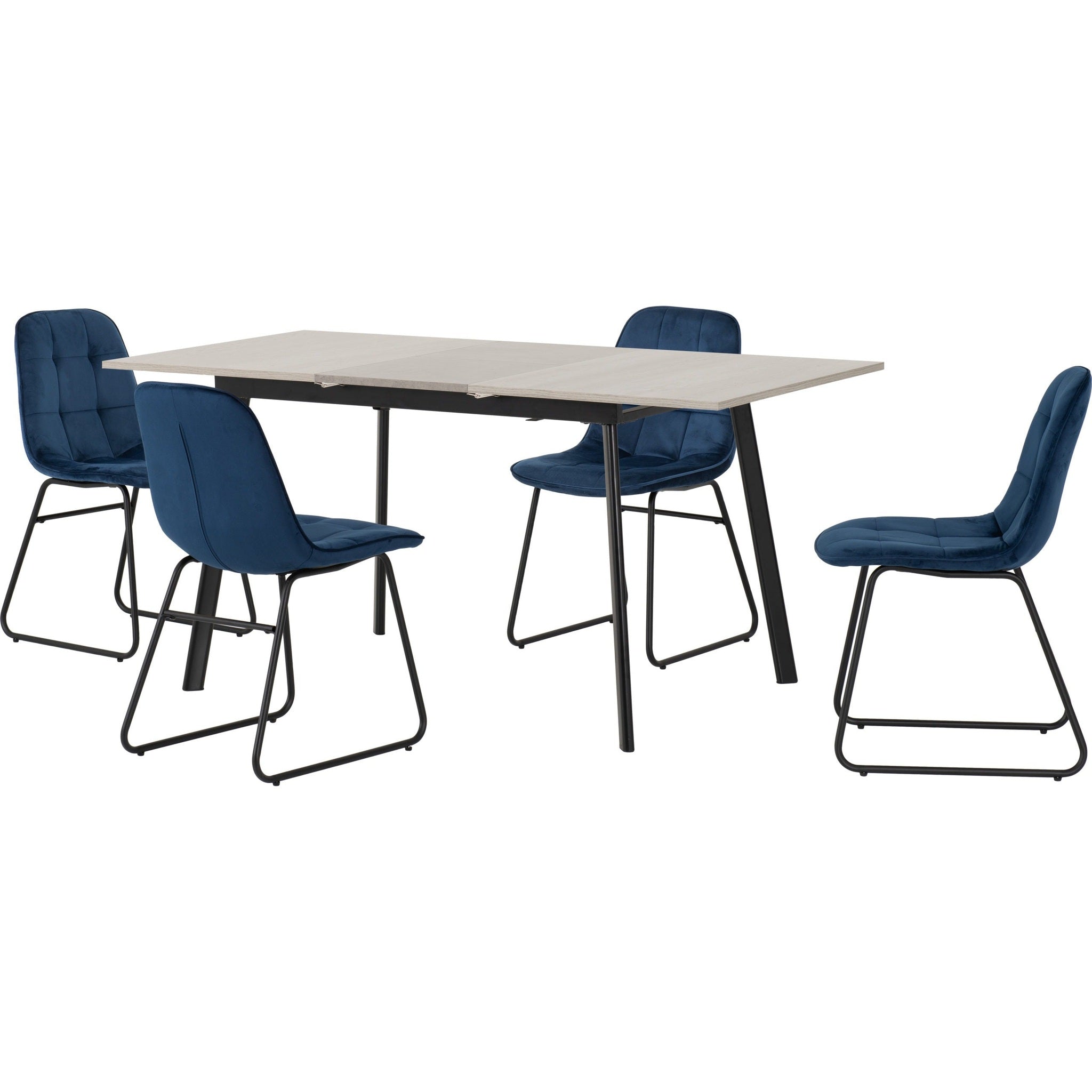 Avery & Lukas Extending Dining Set X4 Chairs - Concrete/Sapphire Blue Velvet