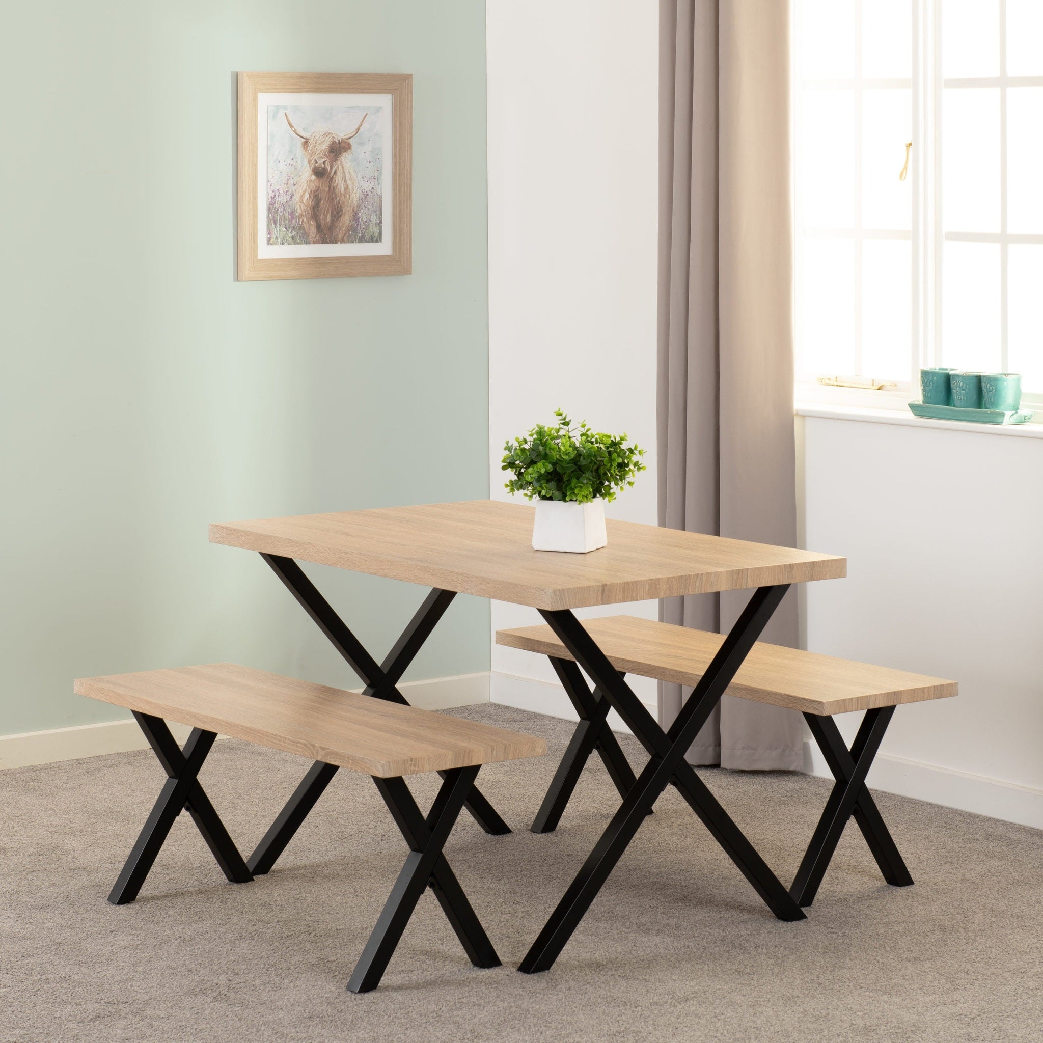 Buxton Dining Bench Set - Light Oak Effect/Black