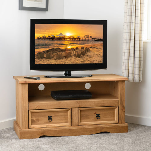 Corona 2 Drawer Flat Screen Tv Unit No Shelf - Distressed Waxed Pine