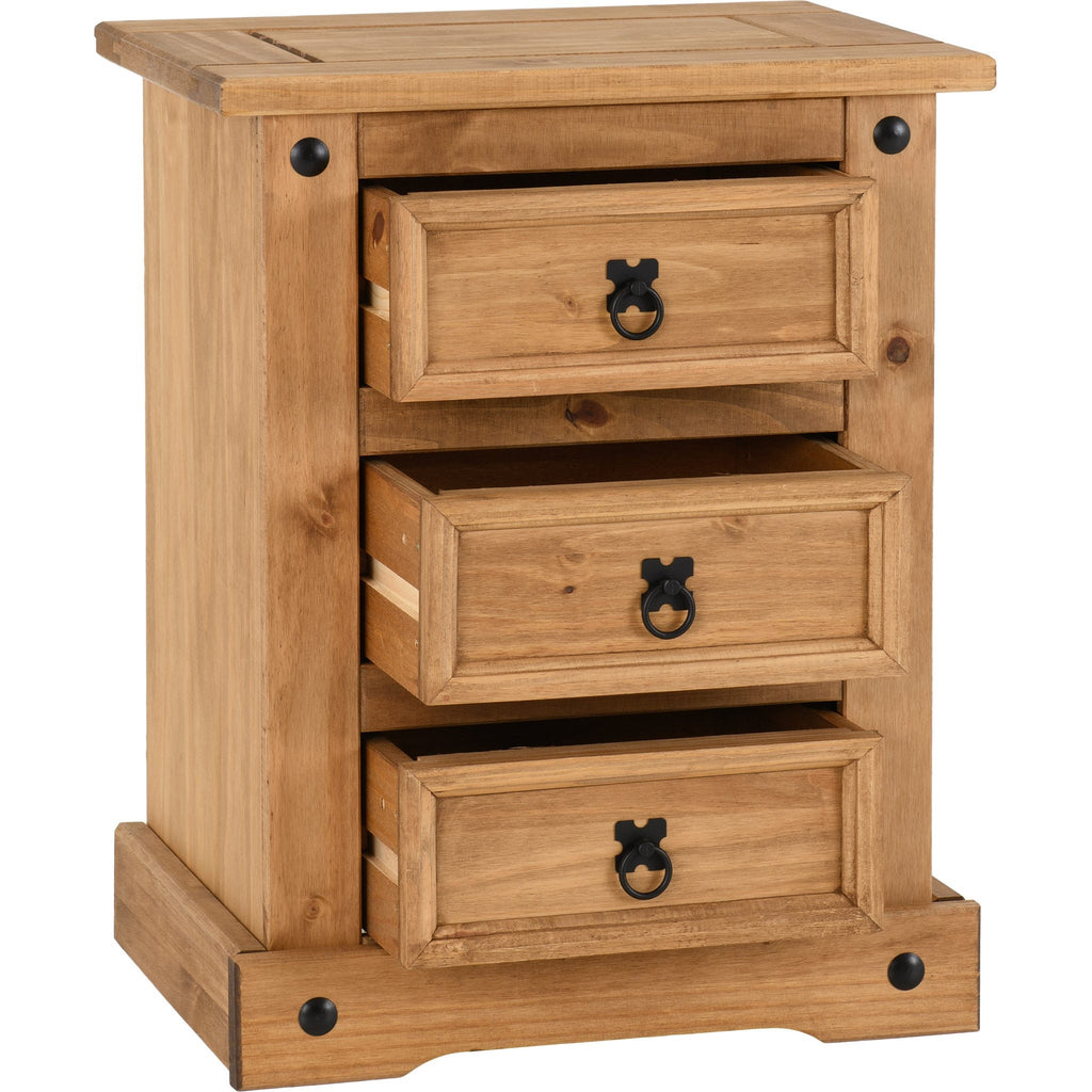 Corona 3 Drawer Bedside - Distressed Waxed Pine
