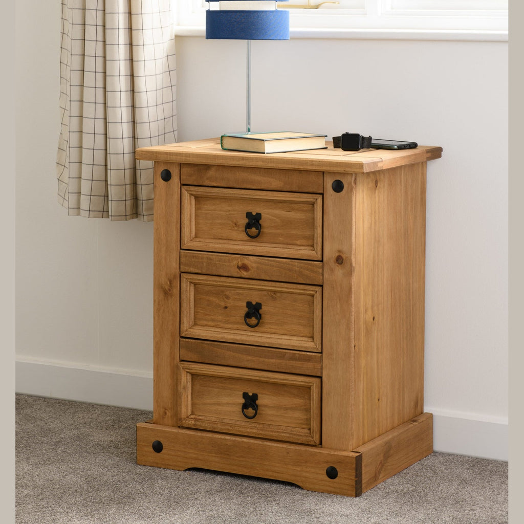 Corona 3 Drawer Bedside - Distressed Waxed Pine