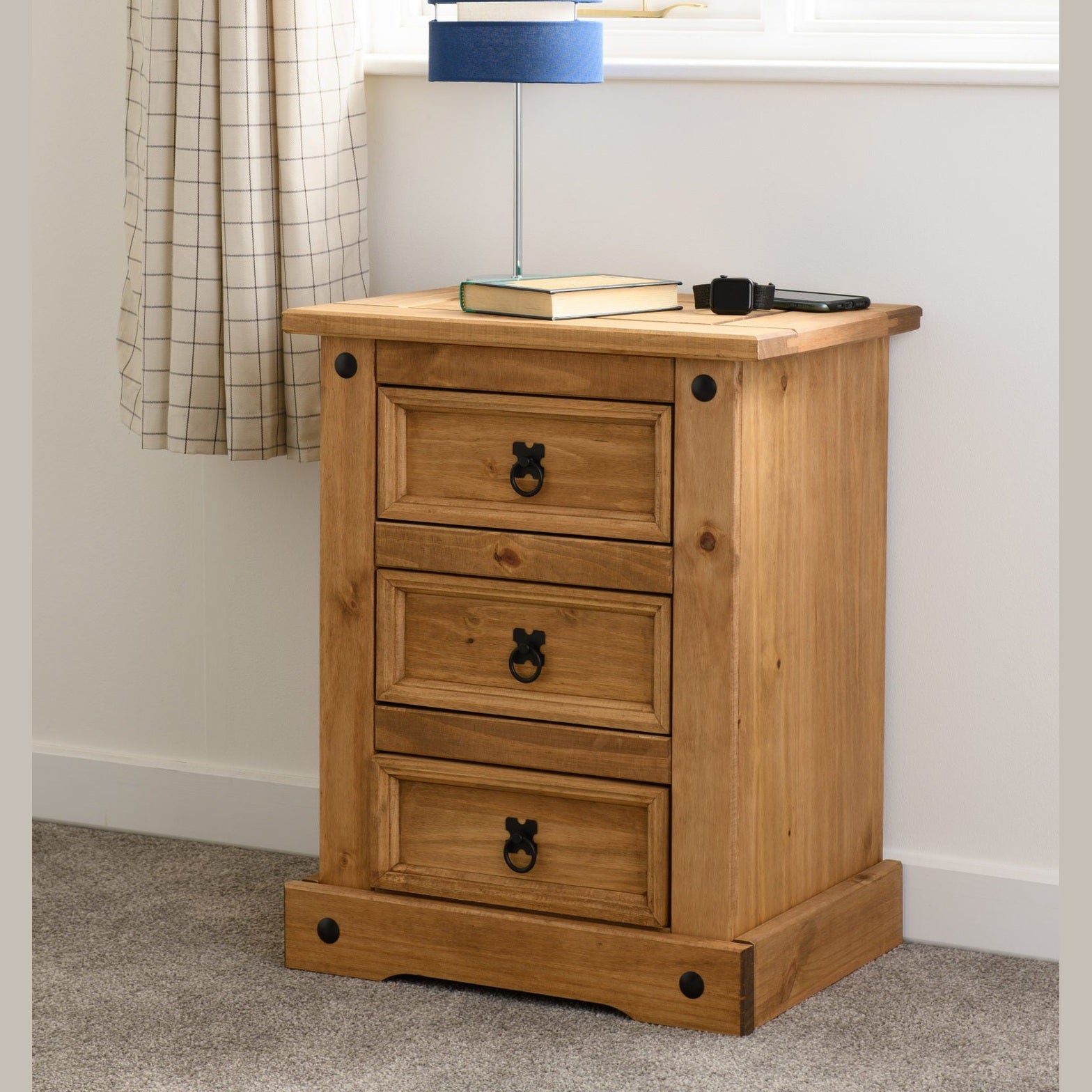 Corona 3 Drawer Bedside - Distressed Waxed Pine