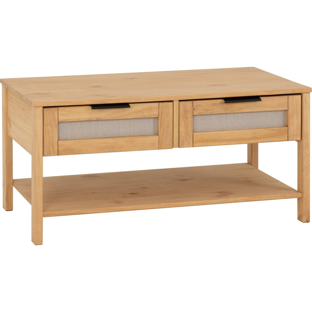 Corona Rattan 2 Drawer Coffee Table - Distressed Wax Pine/Rattan Effect
