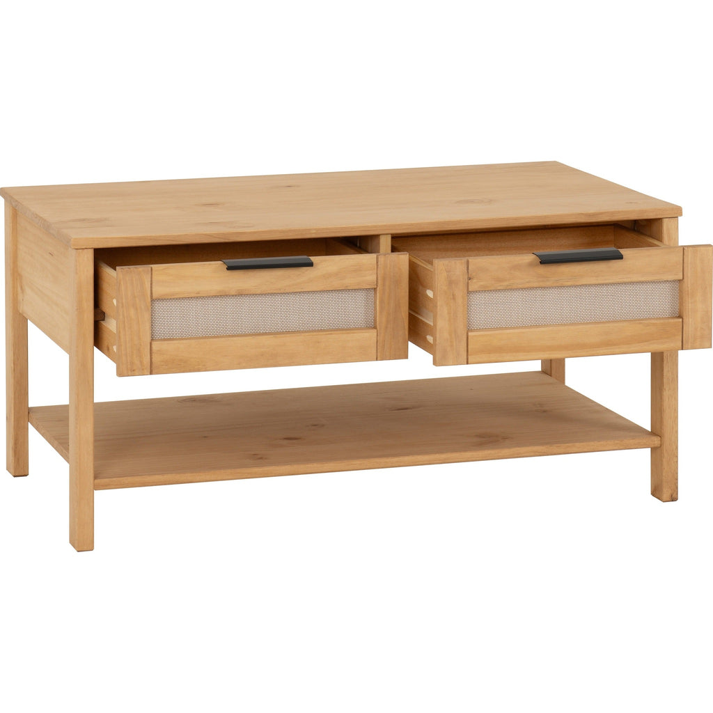 Corona Rattan 2 Drawer Coffee Table - Distressed Wax Pine/Rattan Effect