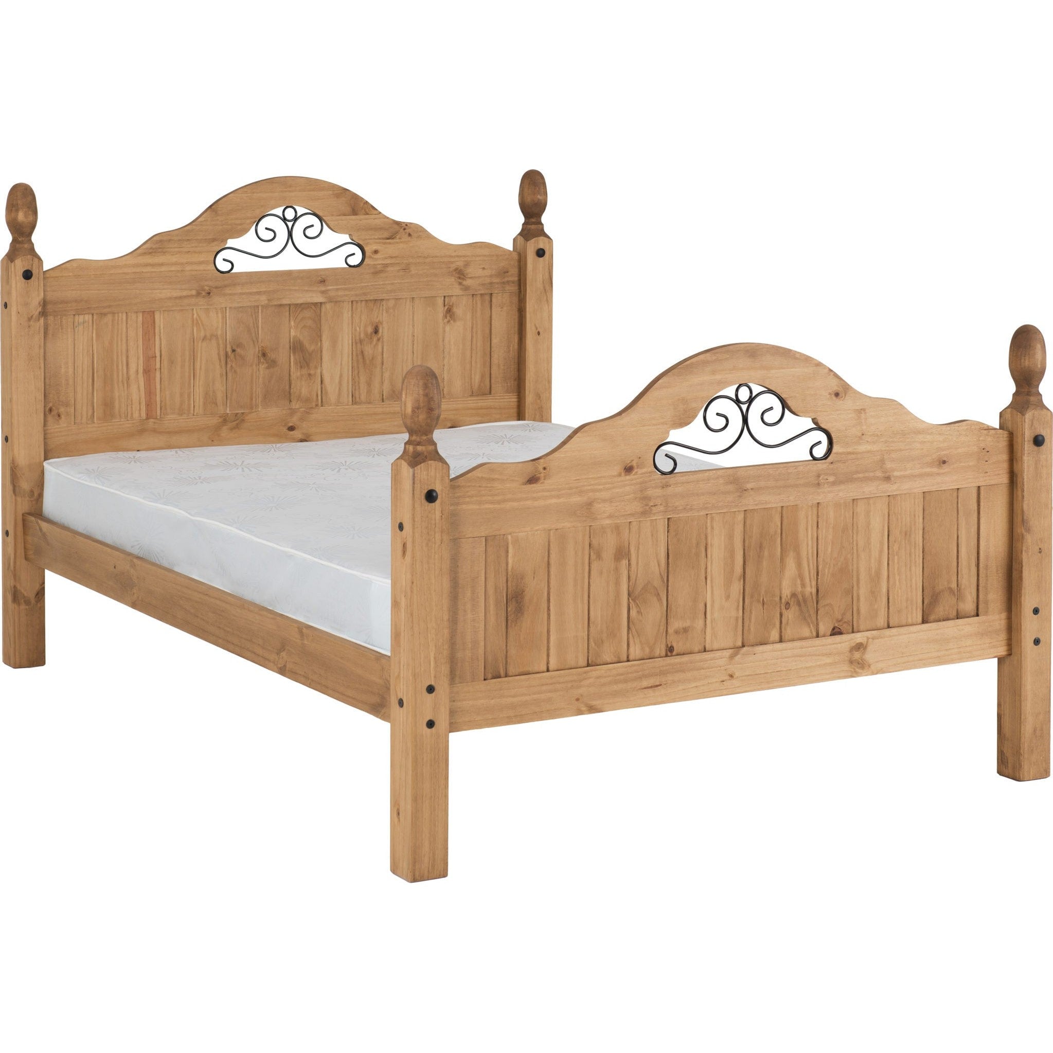 Corona Scroll 4'6" High End Bed - Distressed Waxed Pine