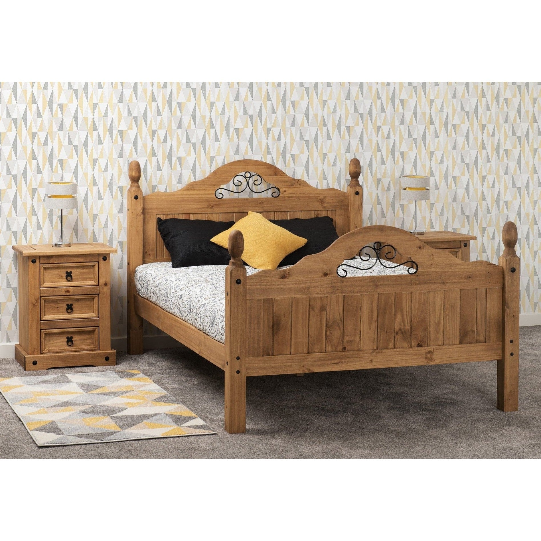 Corona Scroll 4'6" High End Bed - Distressed Waxed Pine