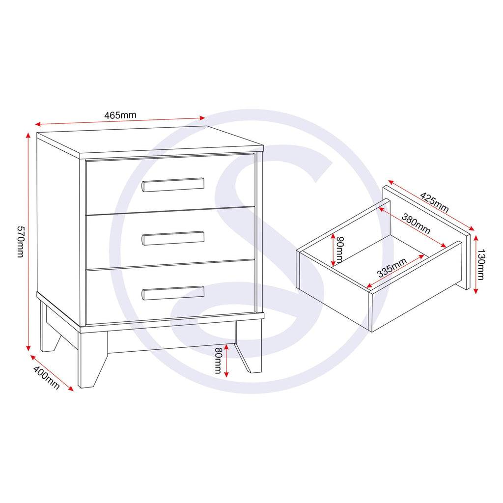 Cleveland 3 Drawer Bedside - White/Grey Metal Effect