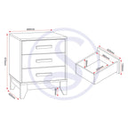 Cleveland 3 Drawer Bedside - White/Grey Metal Effect