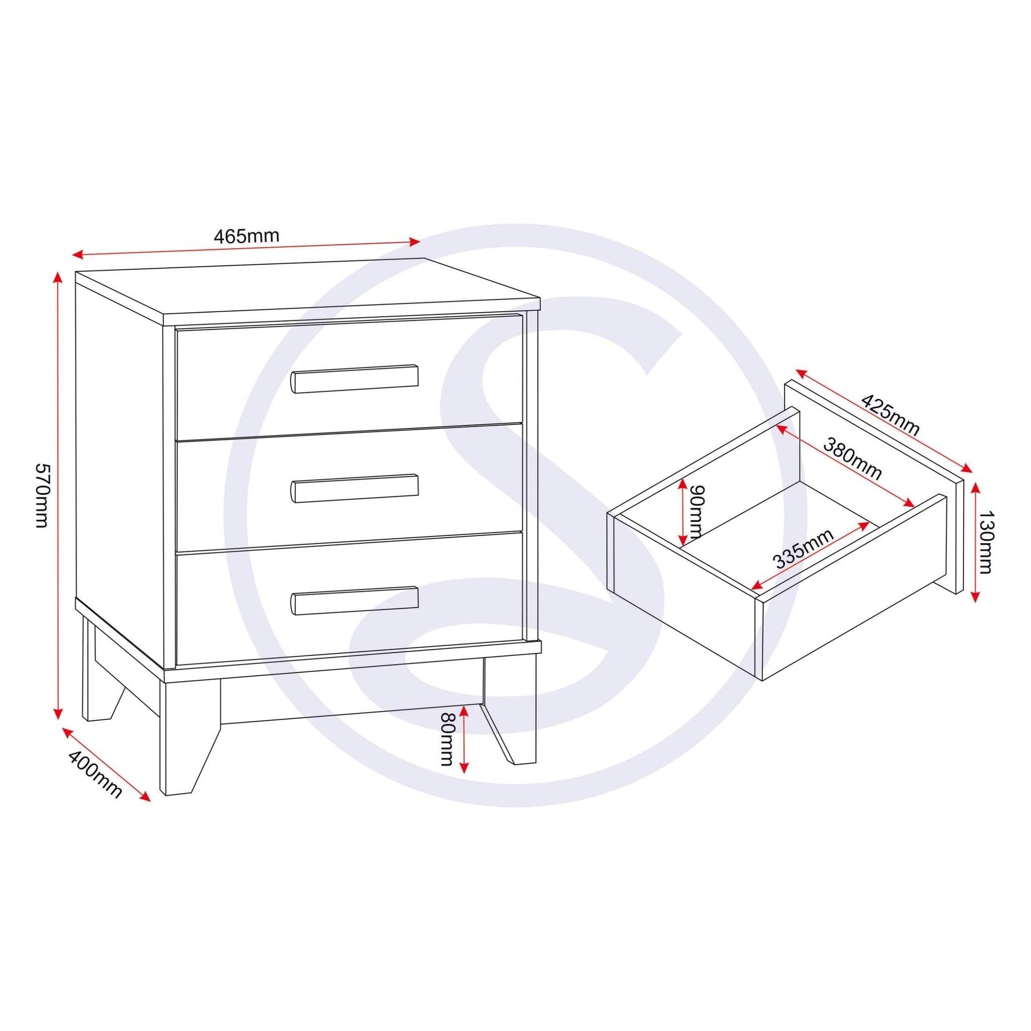 Cleveland 3 Drawer Bedside - White/Grey Metal Effect