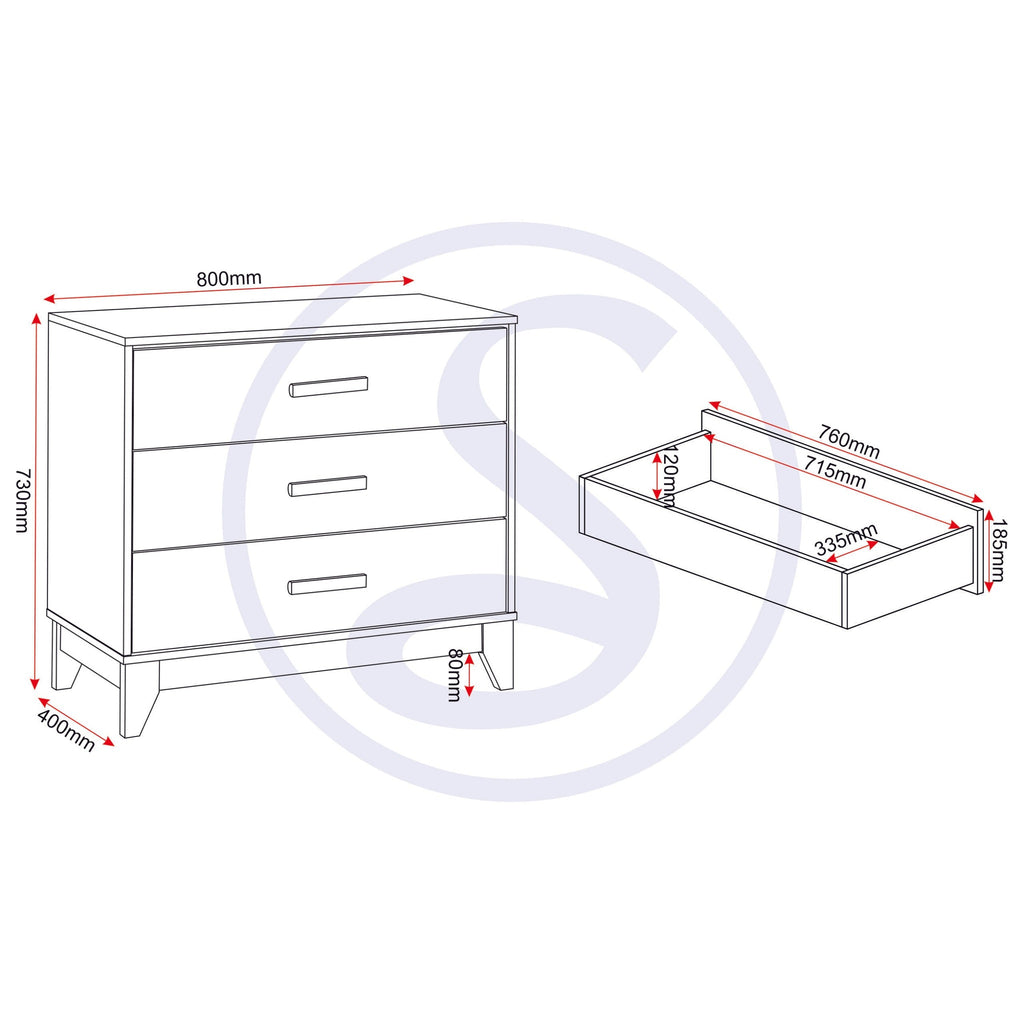 Cleveland 3 Drawer Chest - White/Grey Metal Effect