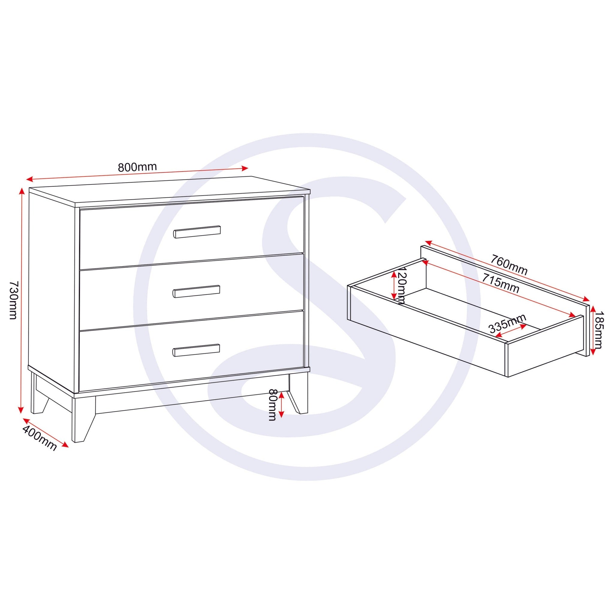 Cleveland 3 Drawer Chest - White/Grey Metal Effect