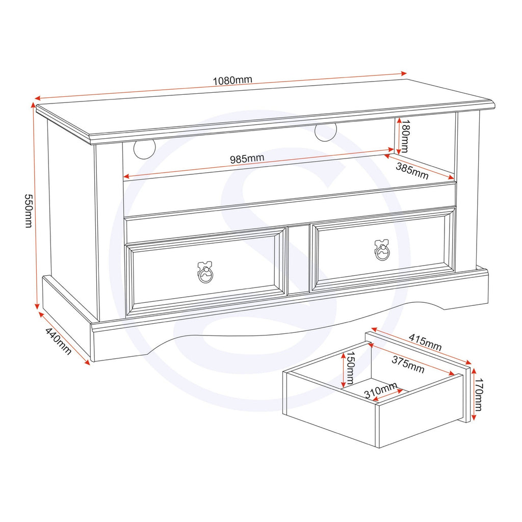 Corona 2 Drawer Flat Screen Tv Unit No Shelf - Distressed Waxed Pine
