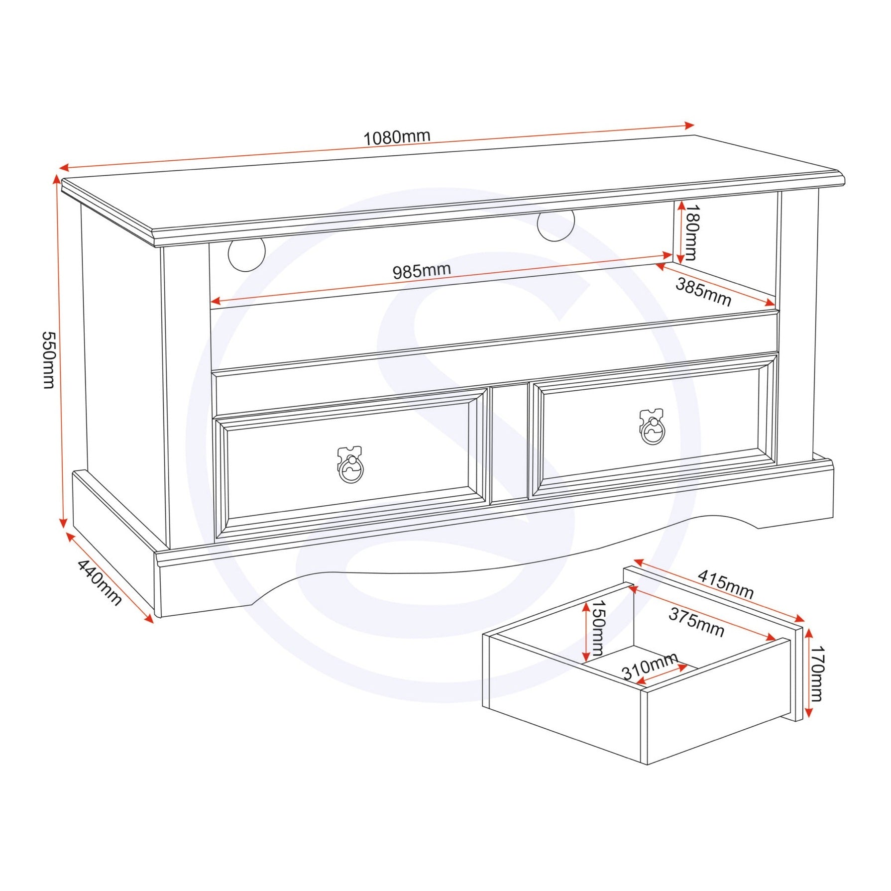 Corona 2 Drawer Flat Screen Tv Unit No Shelf - Distressed Waxed Pine