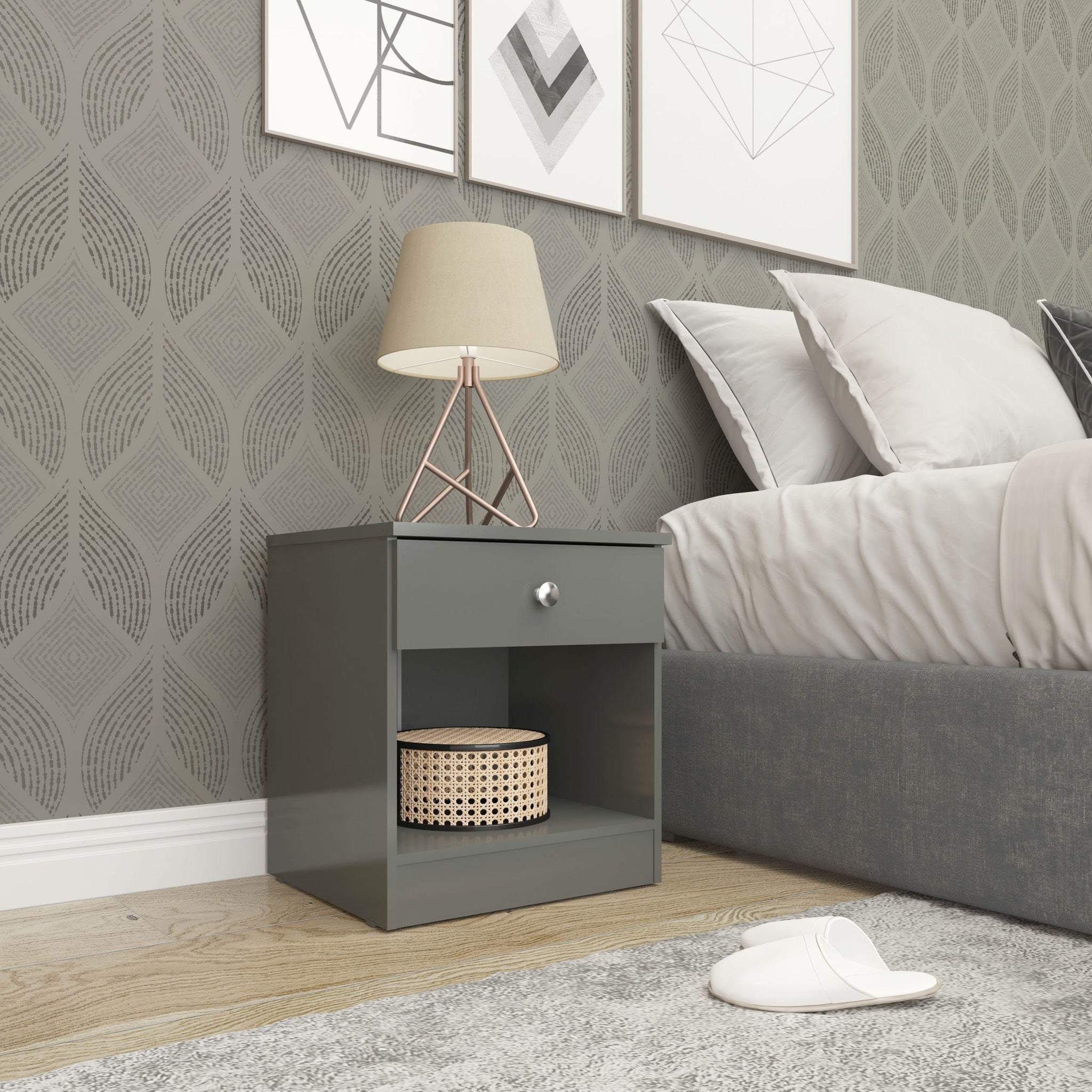 Denver 1 Drawer Bedside - Grey Gloss