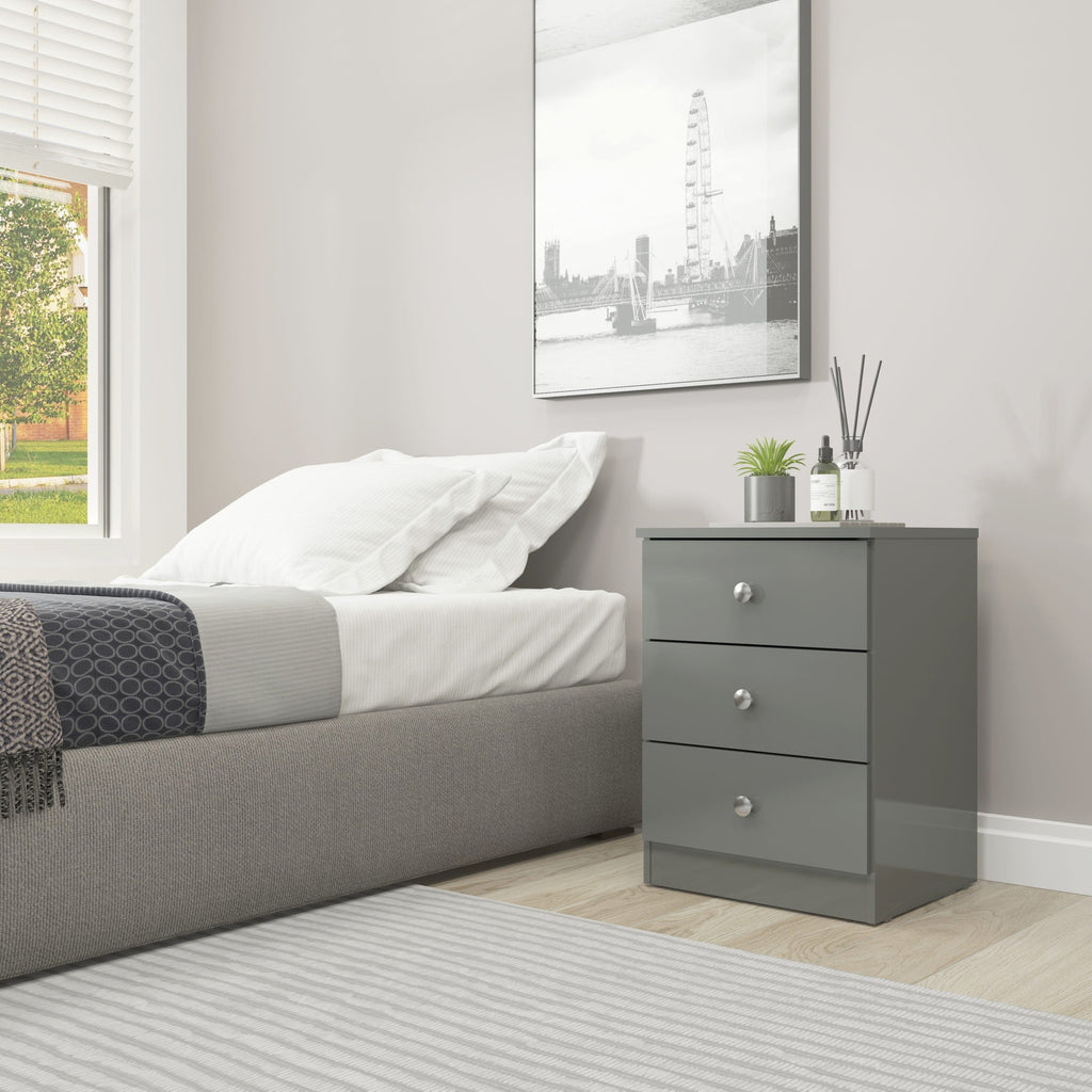 Denver 3 Drawer Bedside - Grey Gloss