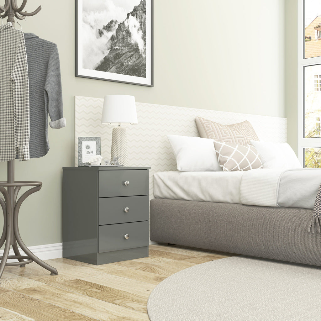 Denver 3 Drawer Bedside - Grey Gloss