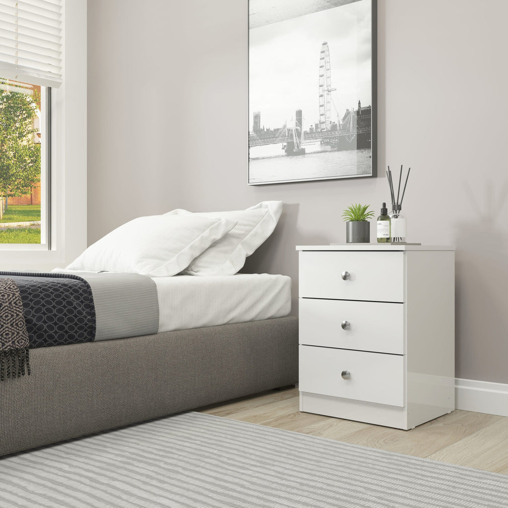Denver 3 Drawer Bedside - White Gloss