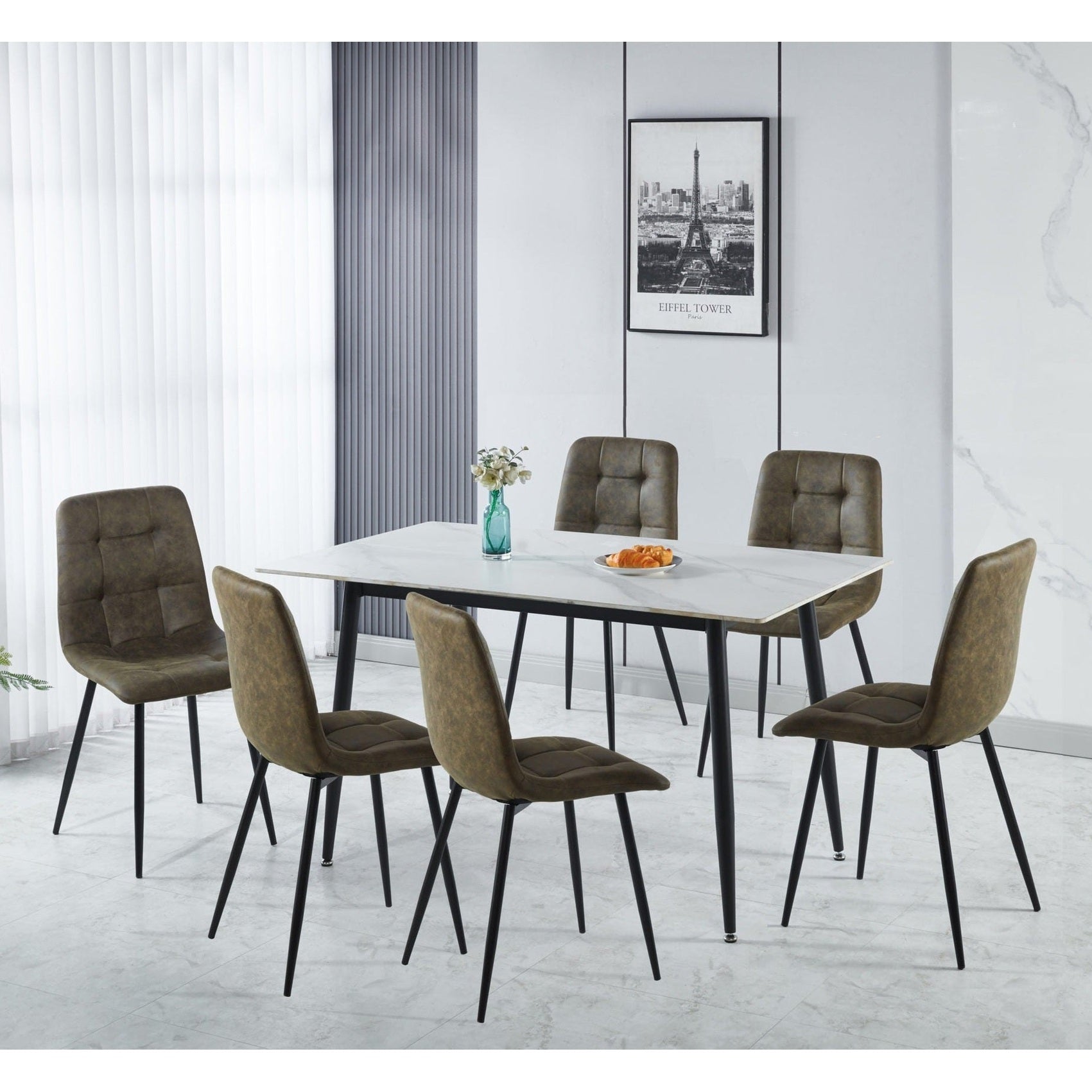 Fenton Dining Set X6 Chairs - White/Olive Green Suede Fabric