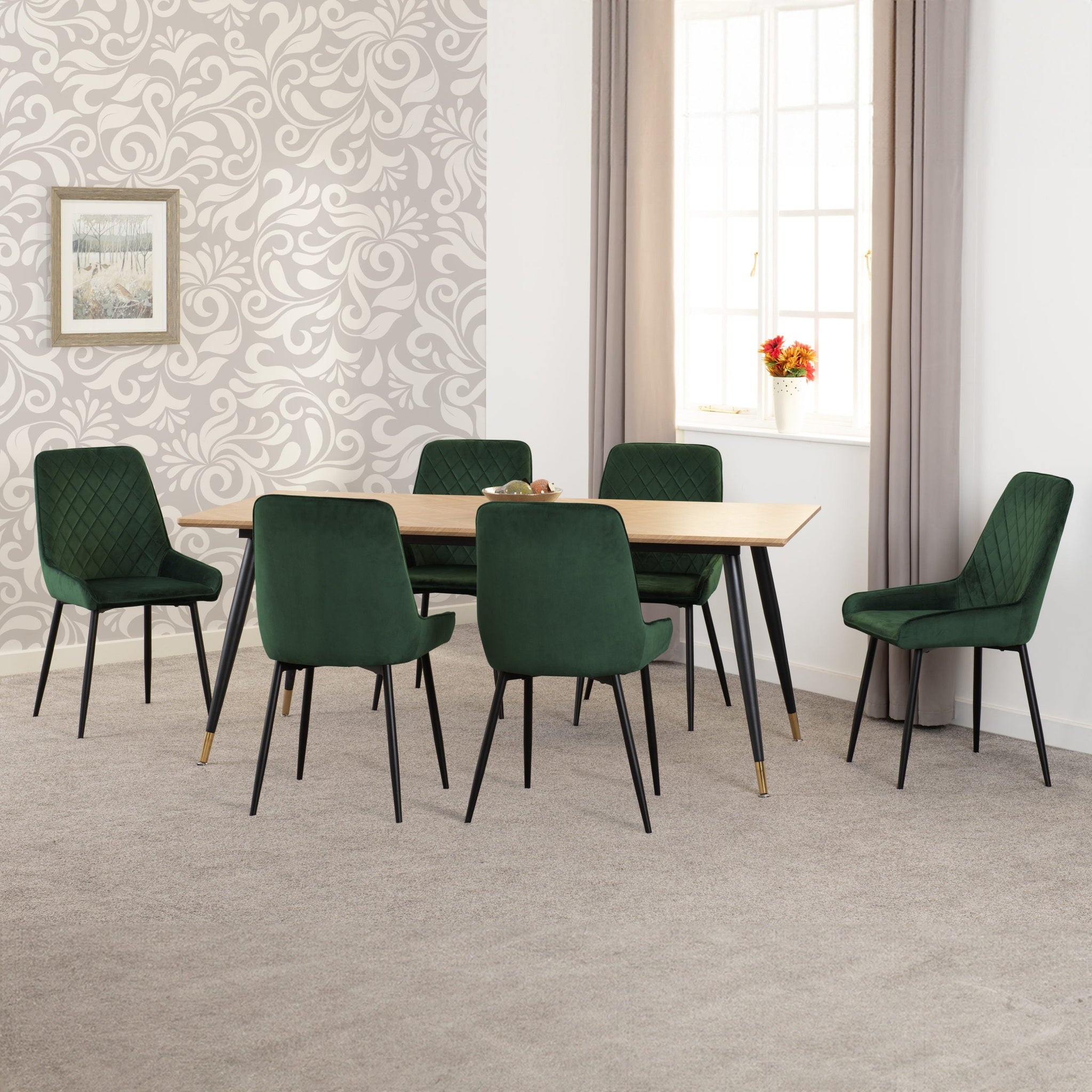 Hamilton & Avery Large Dining Set X6 Chairs - Medium Oak Effect/Emerald Green Velvet