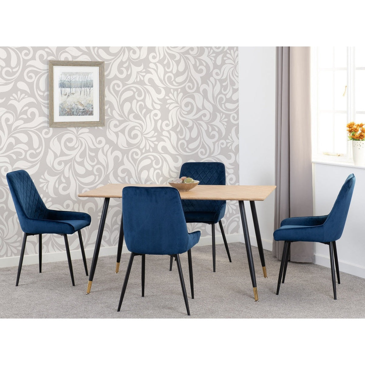 Hamilton & Avery Medium Dining Set X4 Chairs - Medium Oak Effect/Sapphire Blue Velvet