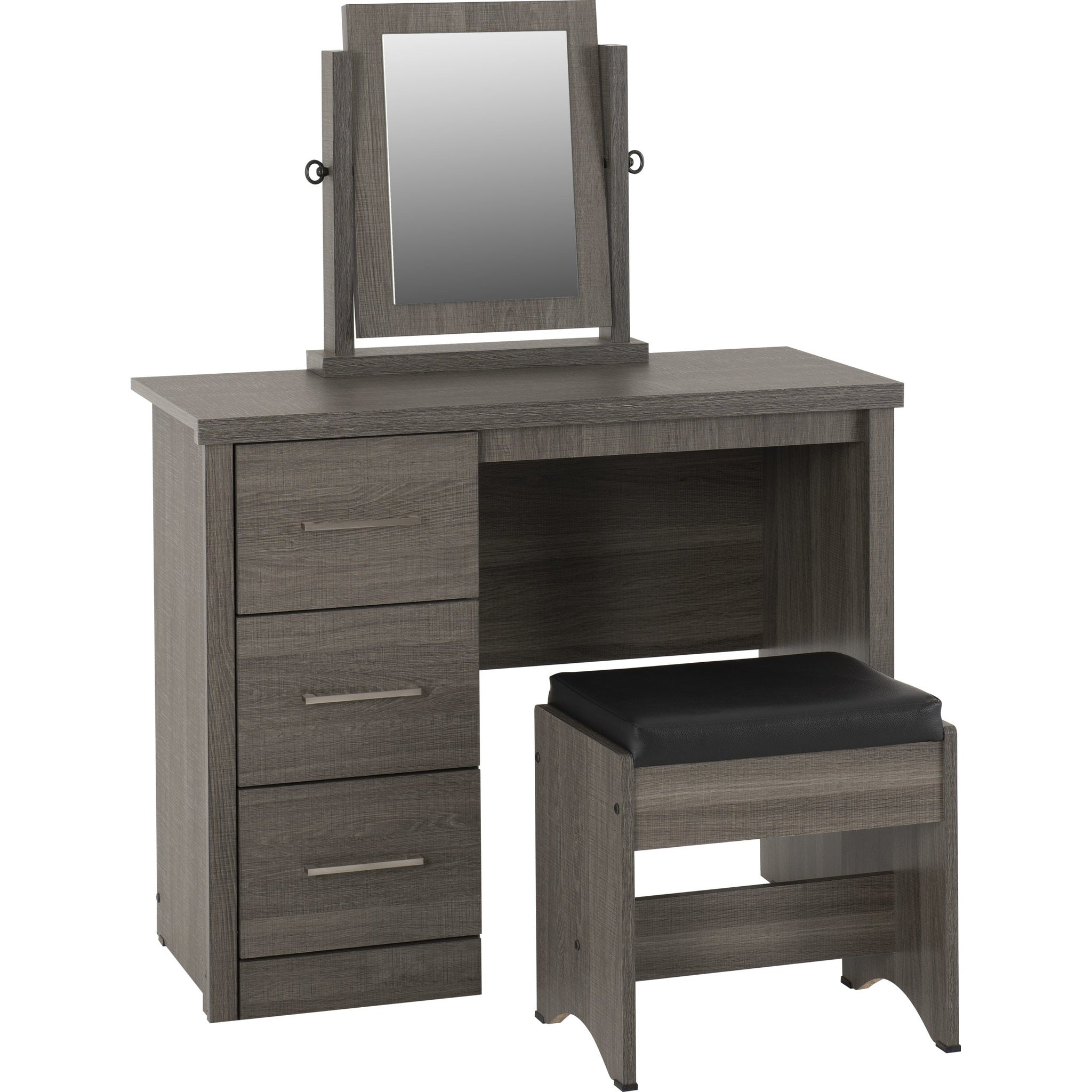 Lisbon 3Pc Dressing Table Set With Mirror - Black Wood Grain/Black Pu