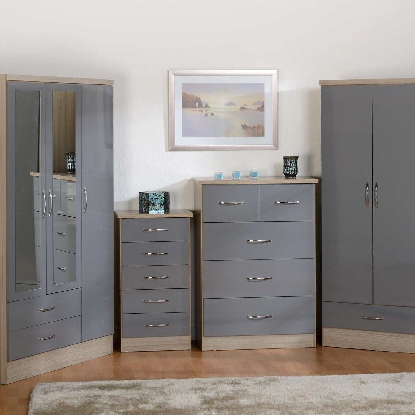Nevada 3 Drawer Chest - Grey Gloss/Light Oak Effect Veneer