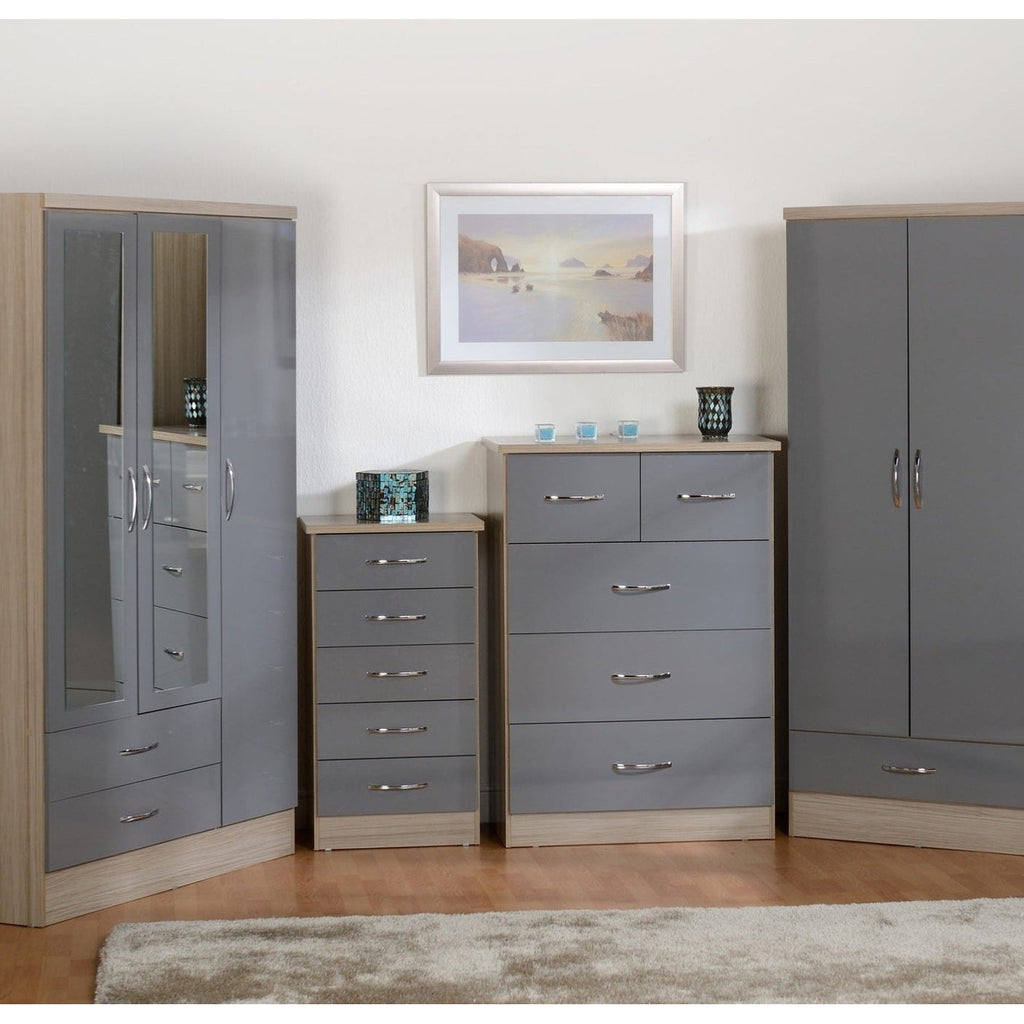 Nevada 3 Door 2 Drawer Wardrobe - Grey Gloss/Light Oak Effect Veneer
