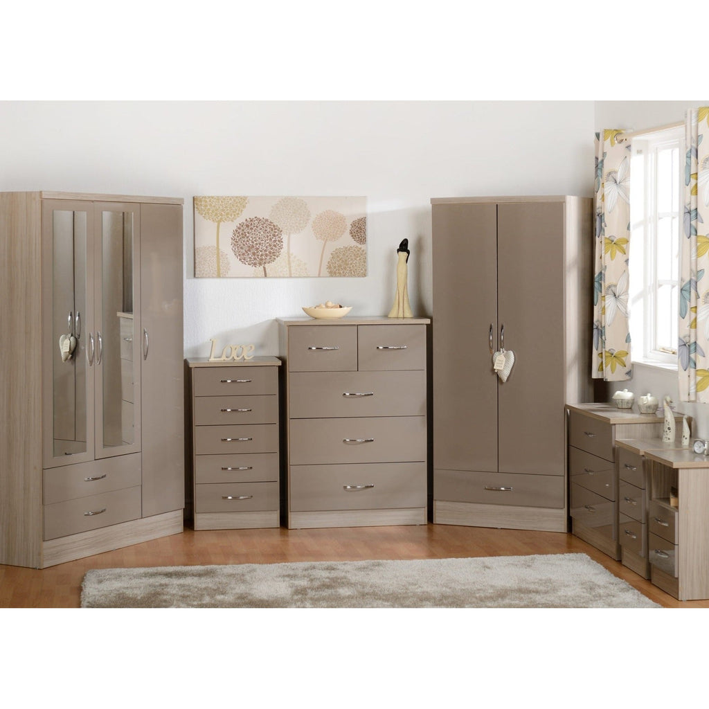 Nevada 3 Door 2 Drawer Wardrobe - Oyster Gloss/Light Oak Effect Veneer