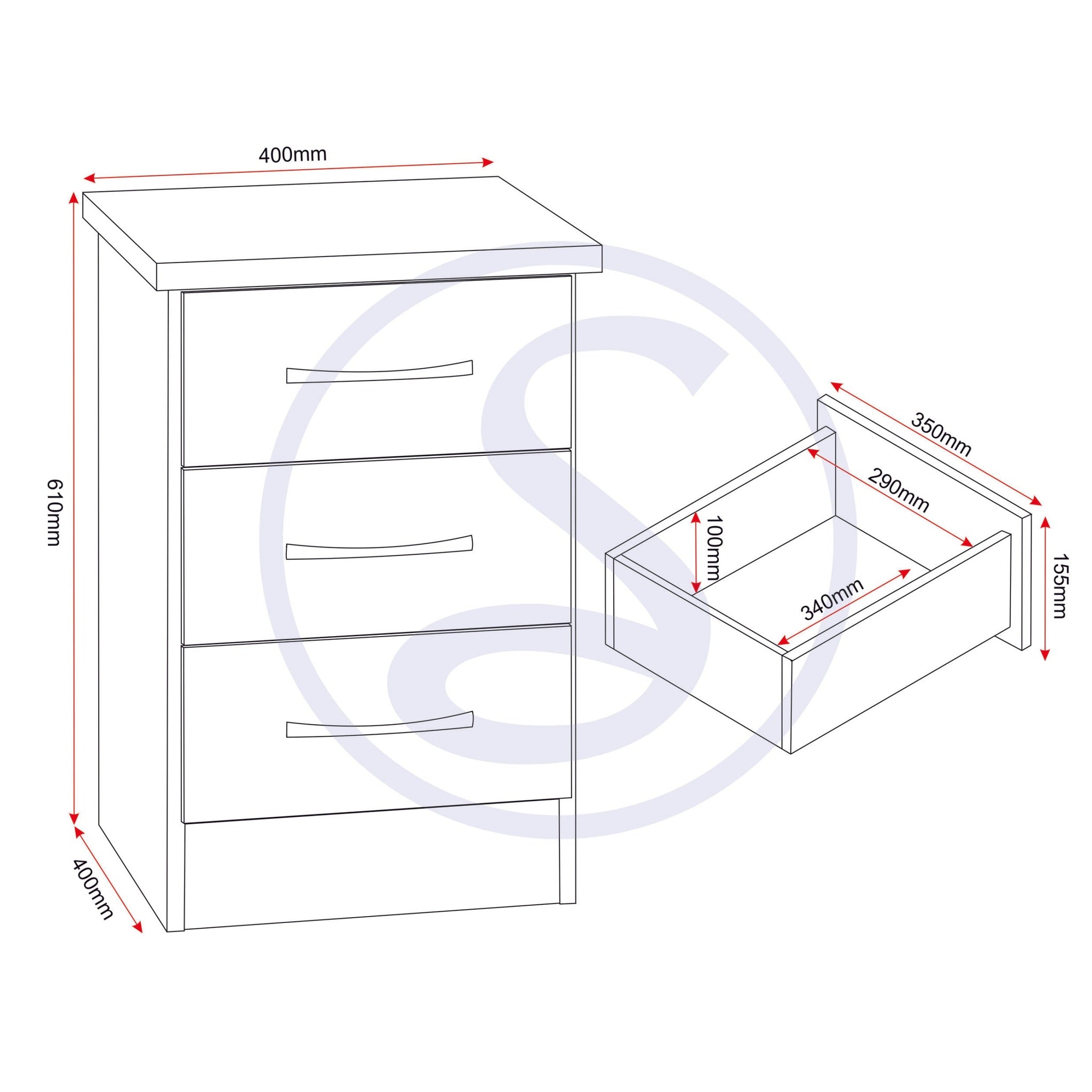 Nevada 3 Drawer Bedside - Oyster Gloss/Light Oak Effect Veneer