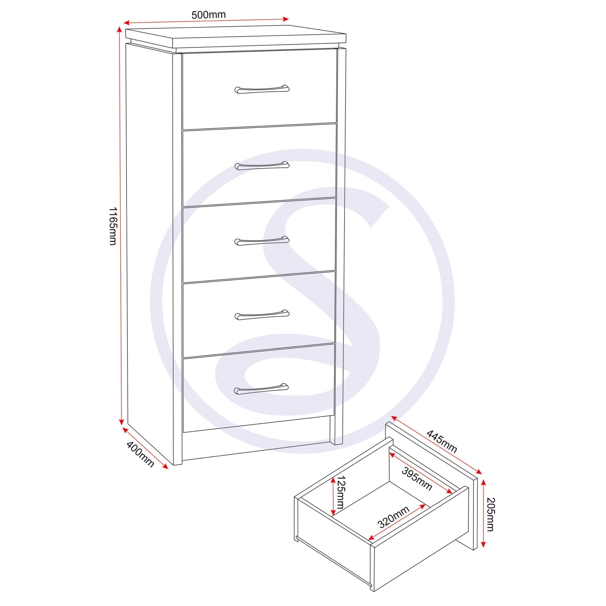 Charles 5 Drawer Narrow Chest - Oak Effect Veneer