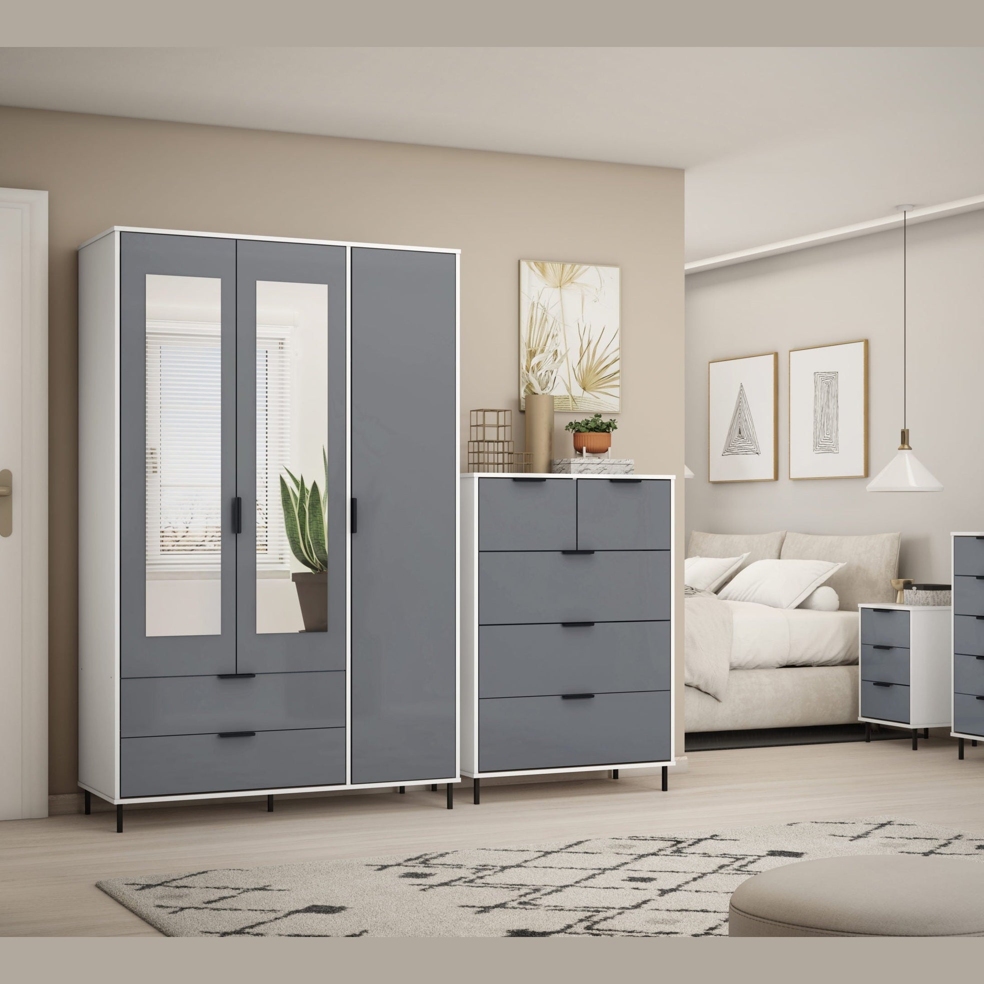 Madrid 3 Drawer Bedside - Grey/White Gloss