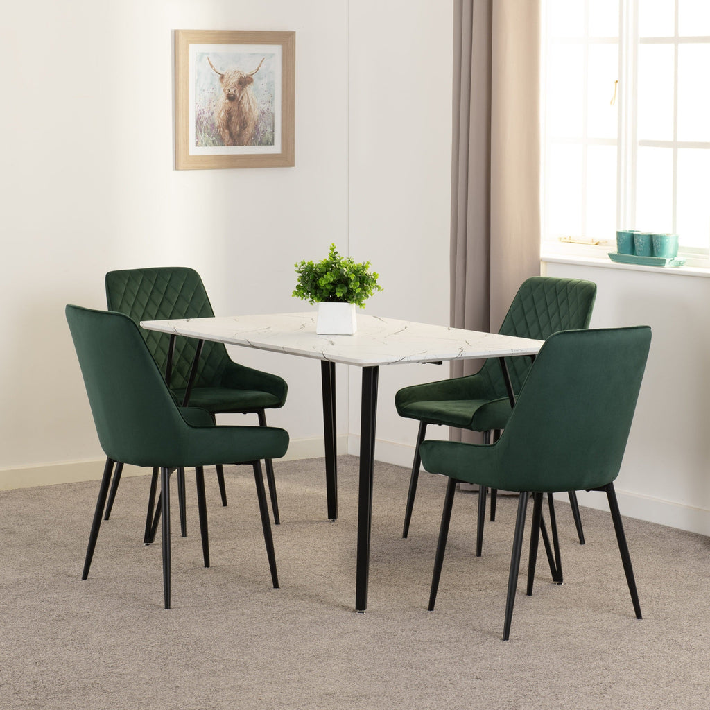 Marlow & Avery Dining Set X4 Chairs - White Marble/Emerald Green Velvet
