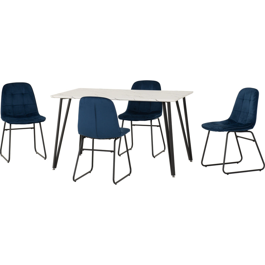 Marlow & Lukas Dining Set X4 Chairs - White Marble/Sapphire Blue Velvet