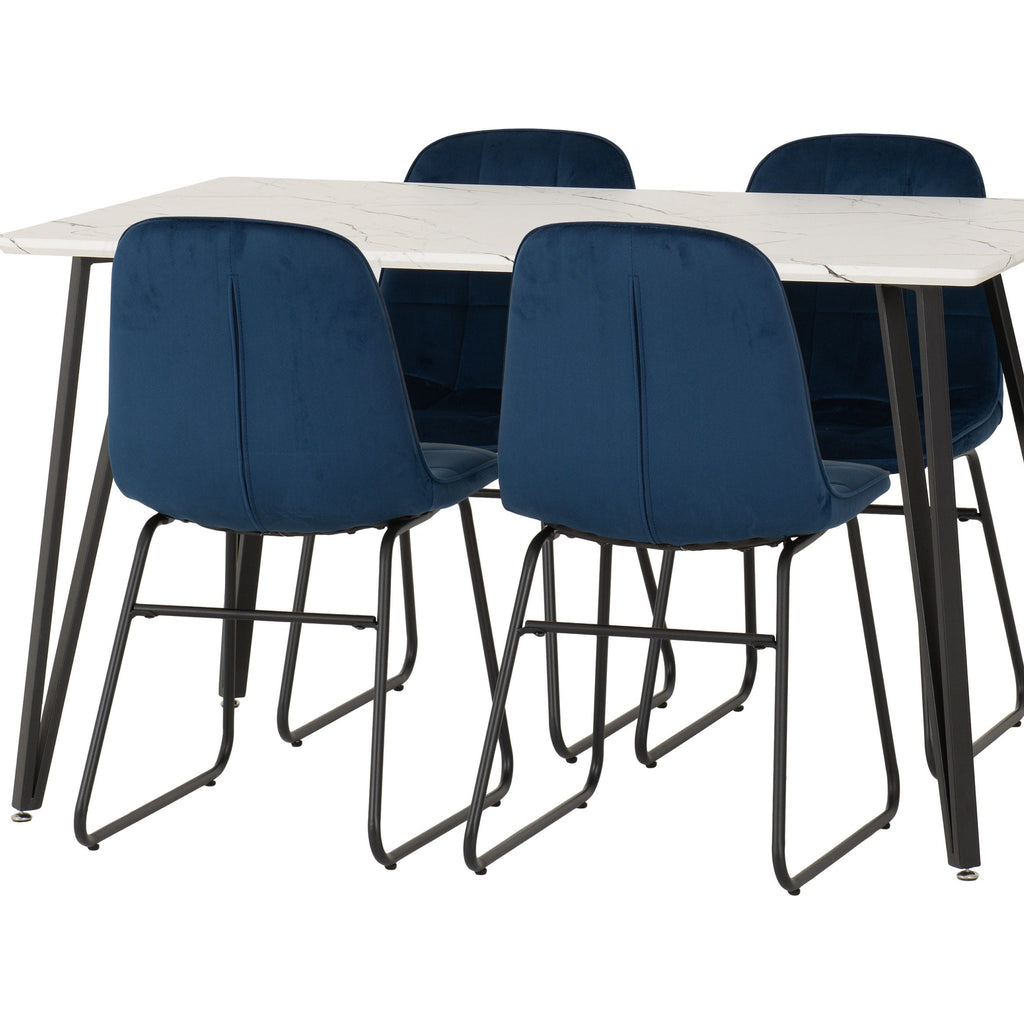 Marlow & Lukas Dining Set X4 Chairs - White Marble/Sapphire Blue Velvet