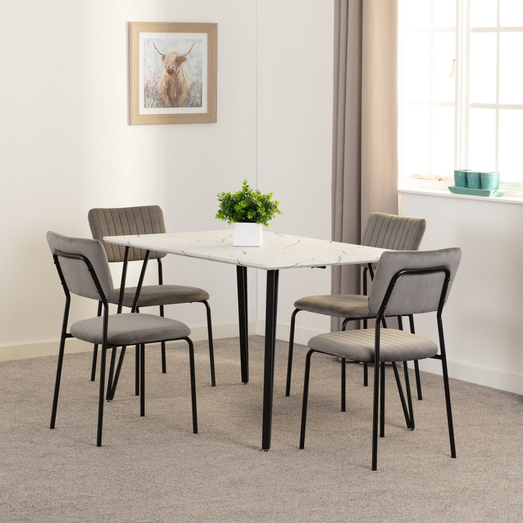 Marlow & Sheldon Dining Set X4 Chairs - White Marble/Grey Velvet Fabric