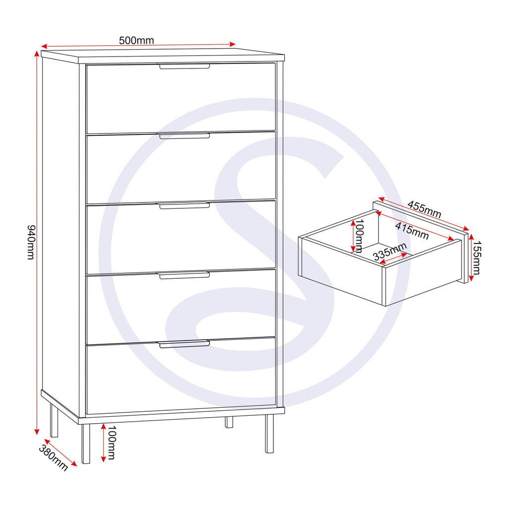 Madrid 5 Drawer Narrow Chest - Grey/White Gloss