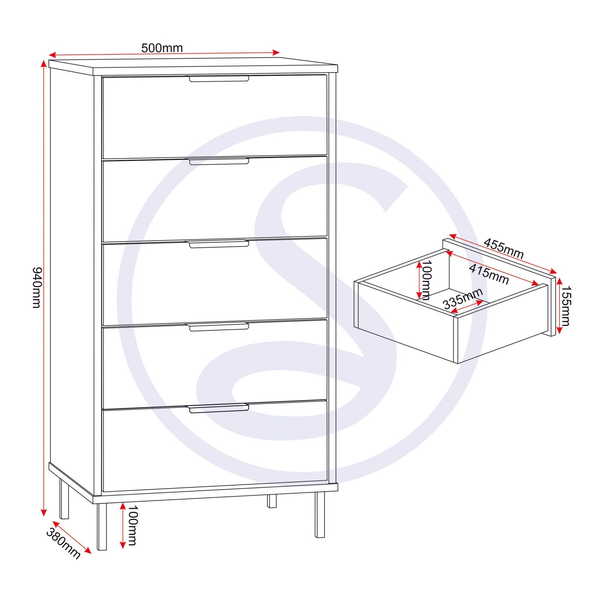 Madrid 5 Drawer Narrow Chest - Grey/White Gloss