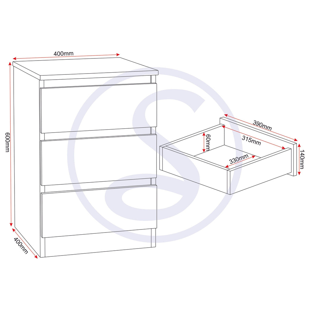 Malvern 3 Drawer Bedside - Urban Snow